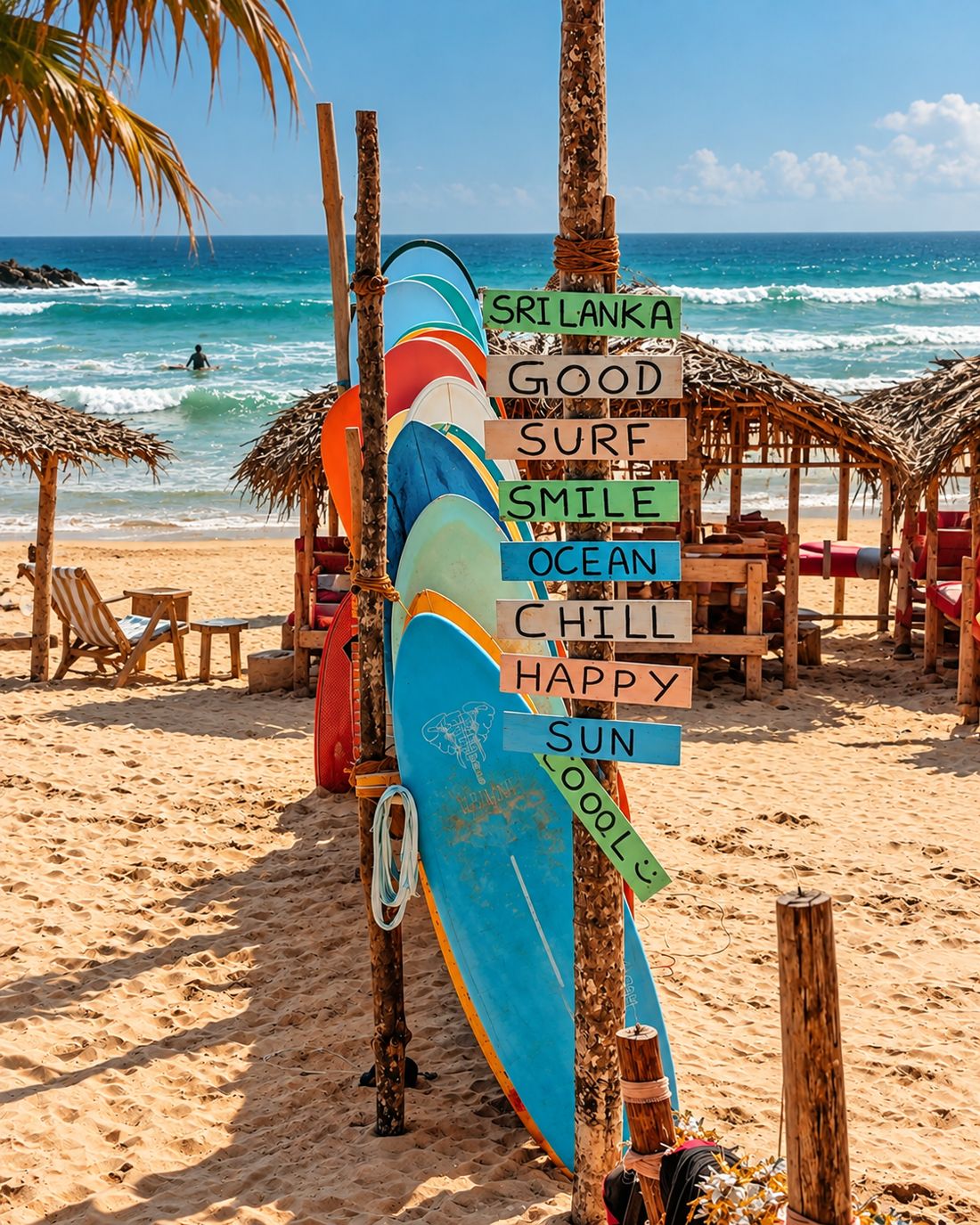 A stack of surfboards beside a hand-painted beach signpost