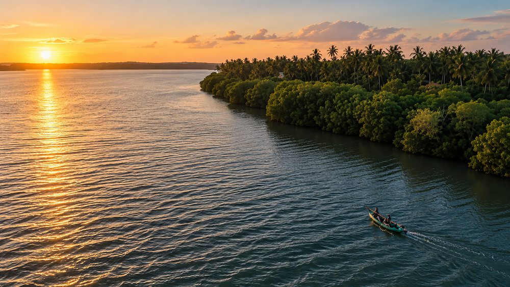 A small boat on Rekawa lagoon at sunset, mangroves and palms along the far bank, Sri Lanka