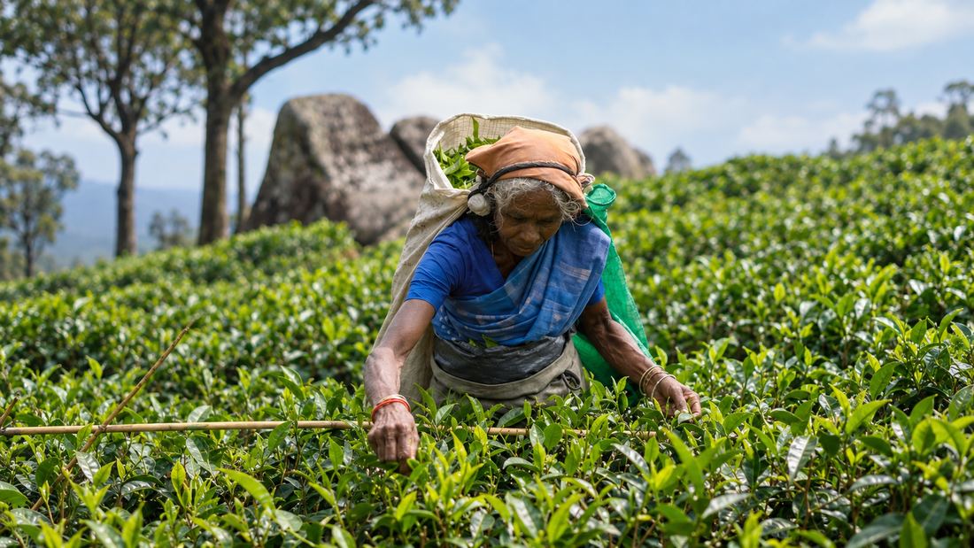 A tea plucker picking leaf by hand among the bushes on a Sri Lankan estate