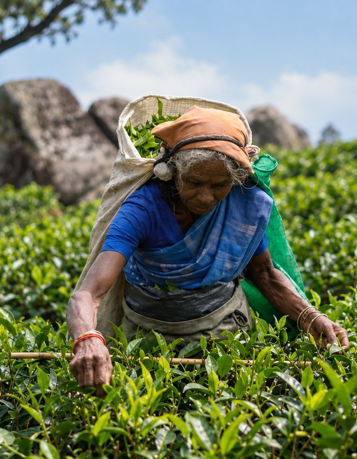 A tea plucker selecting two leaves and a bud on a hill-country estate
