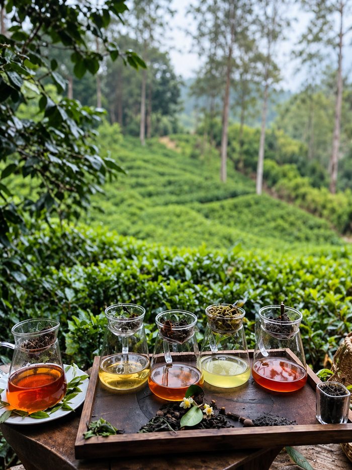 Contoured tea fields and a white estate bungalow in Sri Lanka's hill country