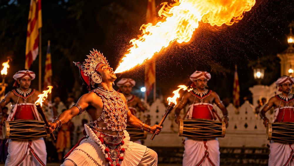 A Kandyan fire dancer and geta bera drummers performing outside the Temple of the Tooth at night, Kandy, Sri Lanka