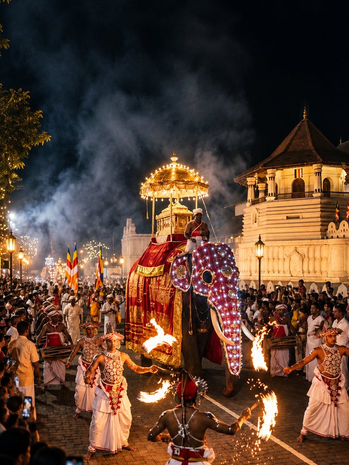 A Kandyan dancer raising a tambourine in red and white costume by torchlight, Kandy, Sri Lanka