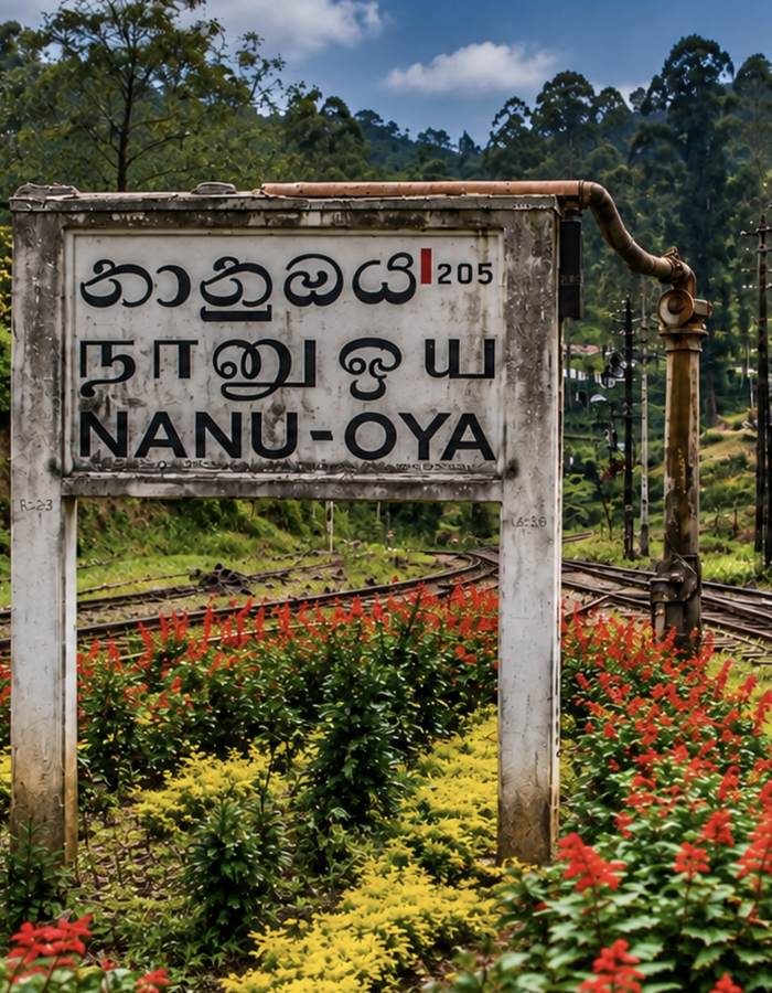 The Nanu Oya station nameboard, with the hill-country line curving away behind it