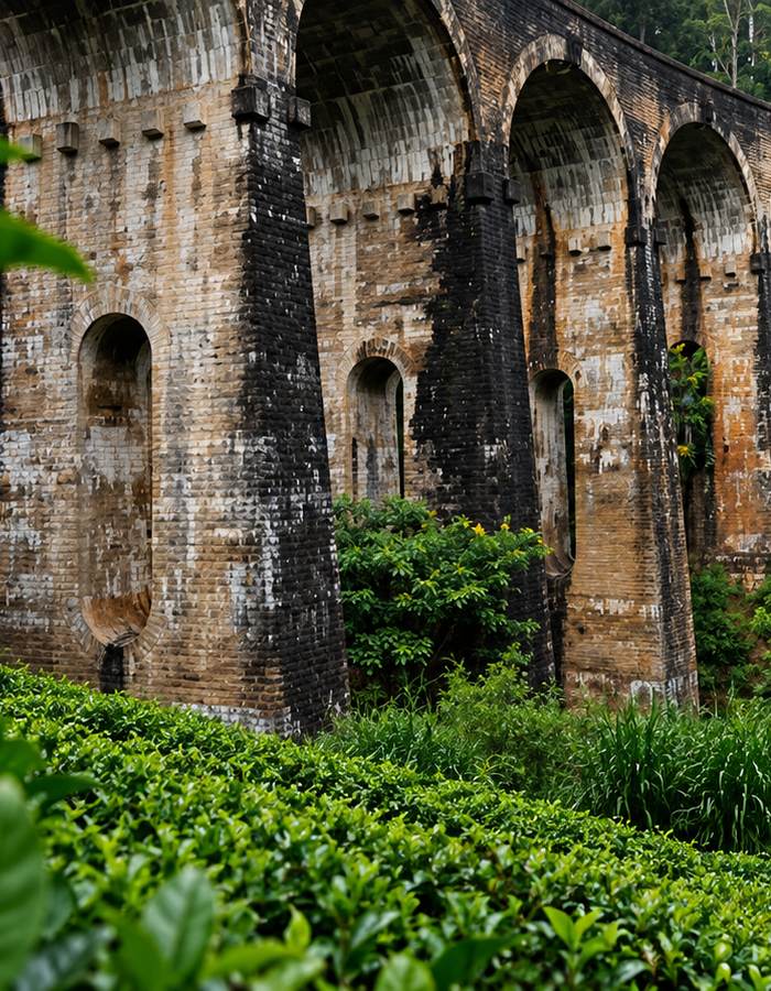 The Nine Arch Bridge at Demodara, seen from below among the tea