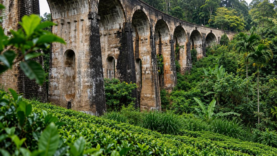 The stone arches of the Nine Arch Bridge above tea and jungle at Demodara, Sri Lanka
