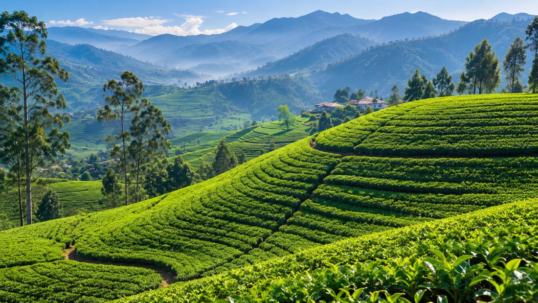 Bright green tea terraces in the hill country with mountains beyond