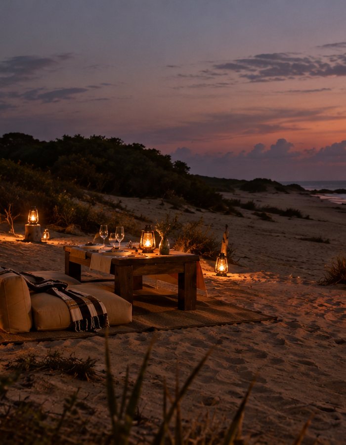 A lantern-lit table set on the sand as dusk falls over the beach