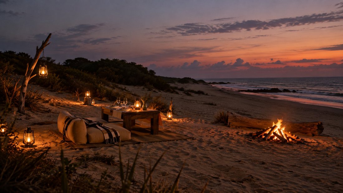 Lanterns and a fire on Rekawa beach after dark, where the turtle watch begins, Sri Lanka