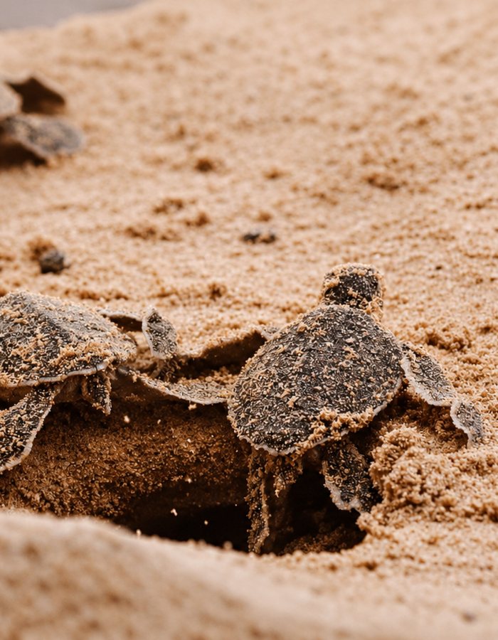 Green turtle hatchlings emerging from a nest in the sand at night